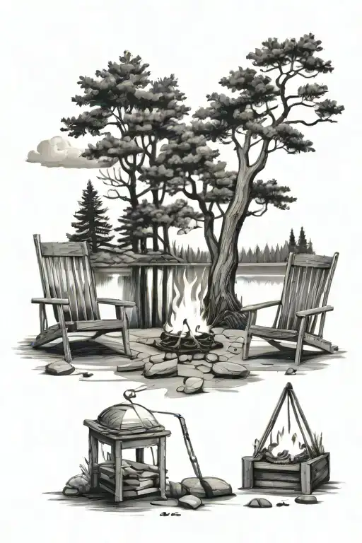 camp fire, 2 camp chairs, hammock, lake, trees, book tattoo design idea