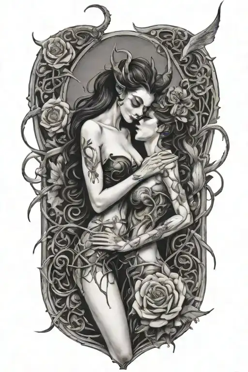 Two succubi making out, embracing. Thorns, roses, lust. tattoo design idea