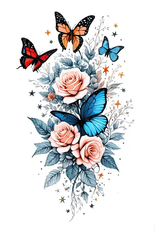 butterflies and roses and stars tattoo design idea
