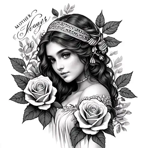 mother keeper with roses nd name nd date of birth nd 4th child tattoo design idea