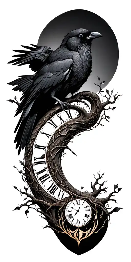 Tree of life tattoo sleeve, golden ratio extending spiral, crow design, clock tattoo design idea