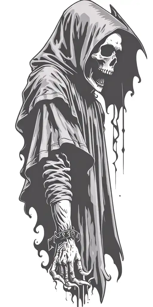 hooded reaper silohuette, smoke, fire, scary, bat wings tattoo design idea