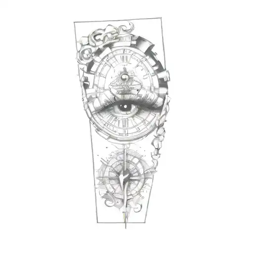 an eye with a compass and a clock tattoo design idea