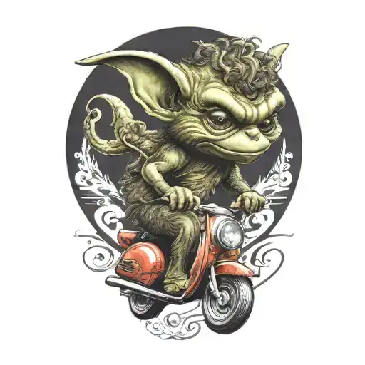 gremlin riding a scooter curly hair tattoo design idea