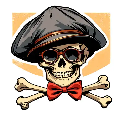 Instead of a skull and cross bones, I want a news-boy cap as the skull with a crossed bowtie and glasses as the bones tattoo design idea