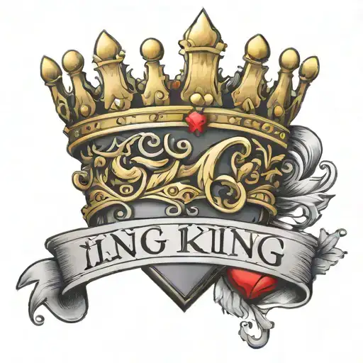 name King with crown perched on top of K in black and gold and red heart connecting to g  tattoo design idea