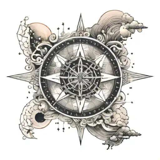 Directional compass in centre surrounded by mountains sea below and sun and moon above with words ap in centre  tattoo design idea