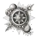 Directional compass in centre surrounded by mountains sea below and sun and moon above with words ap in centre  tattoo design idea