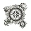 Directional compass in centre surrounded by mountains sea below and sun and moon above with words ap in centre  tattoo design idea