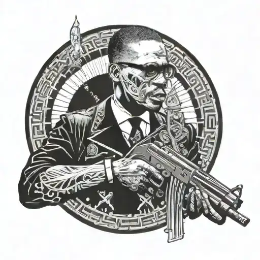 Malcom X holding ak 47 gun dressed like Pharaoh skull surrounded by hieroglyphics tattoo design idea