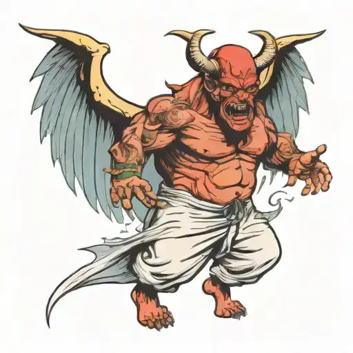 chef devil cooking  with muscular body with wings spread wide tattoo design idea