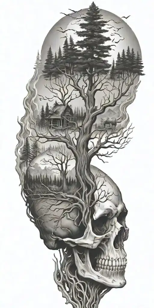 trees and nature emerged off a skull with a a bear, wolf, eagle, and elk bended in the sky tattoo design idea