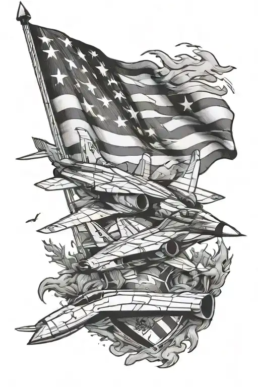 flag with f18 jet ripping through the skin tattoo design idea