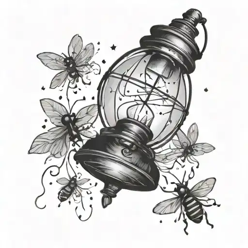 a lamp with fireflies around it  tattoo design idea