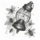 a lamp with fireflies around it  tattoo design idea