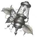 a lamp with fireflies around it  tattoo design idea