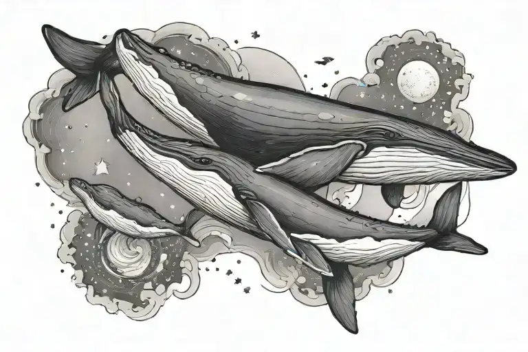 momma and baby humpback whales flying in the night sky tattoo design idea