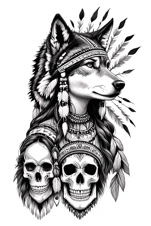 native american girl, wolf and skull  tattoo design idea