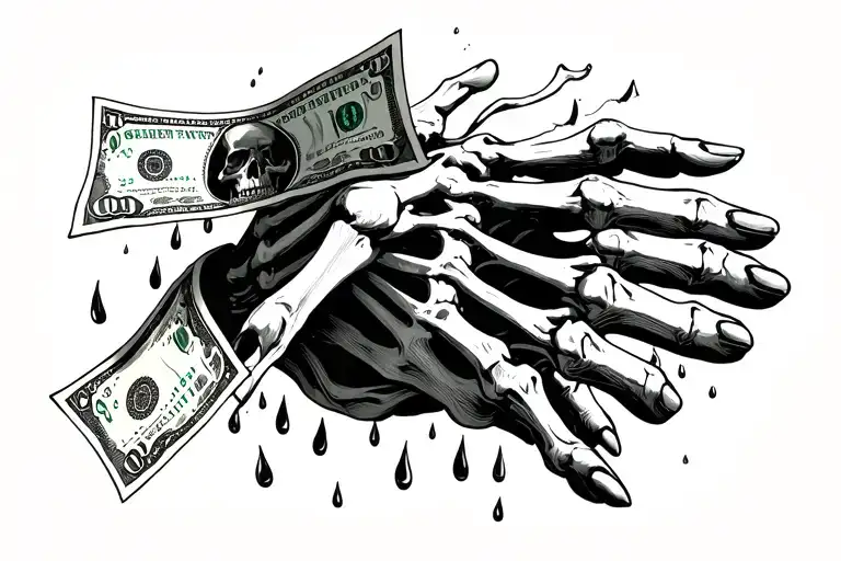 half graveyard half skeleton hand holding money raining tattoo design idea