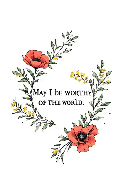 "May I be worthy of the world" poppies, dogwood, rosemary, magnolia, golden wattle, and a rose surrounding the text.  tattoo design idea