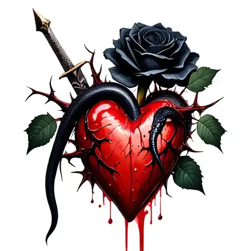 Dagger piercing a realistic bleeding heart ensnared by black rose with thorns. a black mamba turns around tattoo design idea