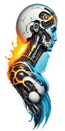 Hyperrealistic tattoo design, human sleeve transforming into robotic one, intricate biomechanical transition tattoo design idea