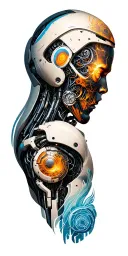 Hyperrealistic tattoo design, human sleeve transforming into robotic one, intricate biomechanical transition tattoo design idea