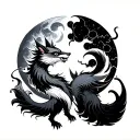 two Japanese katsune with a moon and sun and moon fighting tattoo design idea