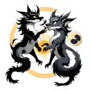 two Japanese katsune with a moon and sun and moon fighting tattoo design idea