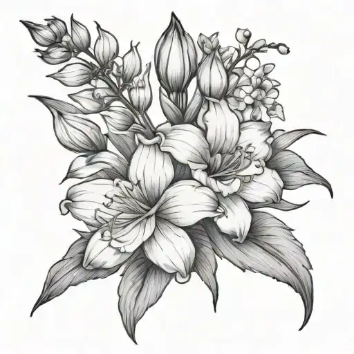 Gladiolus, waterlily, larkspur, poppy flowers tattoo design idea