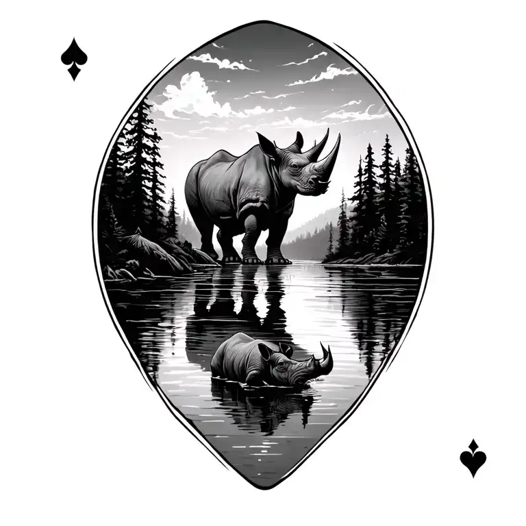 rhino playing cards and lake scene tattoo design idea
