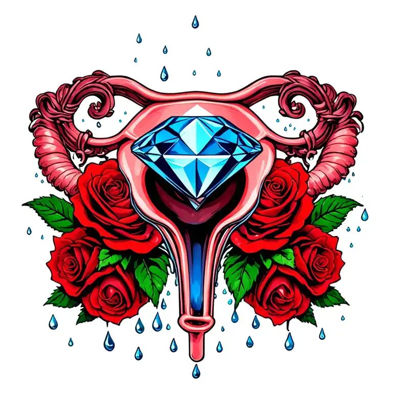 side-view 1 blue diamond, red rose, rain drops, surrounded by ovaries fallopian tubes uterus, vagina, feminine, goddess tattoo design idea
