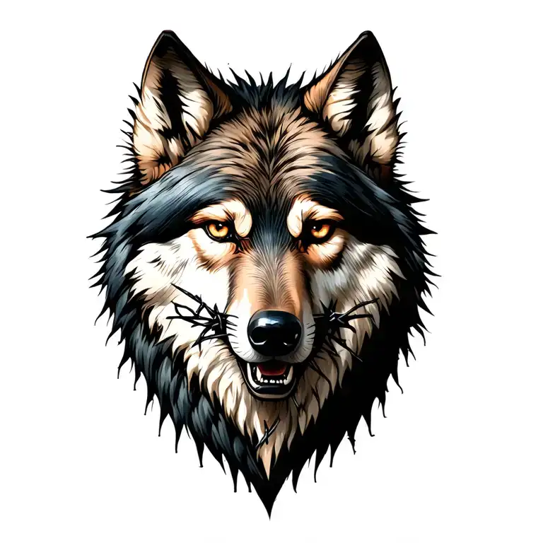 delicate female wolf head. mouth and throat wrapped in barbed wire. tattoo design idea