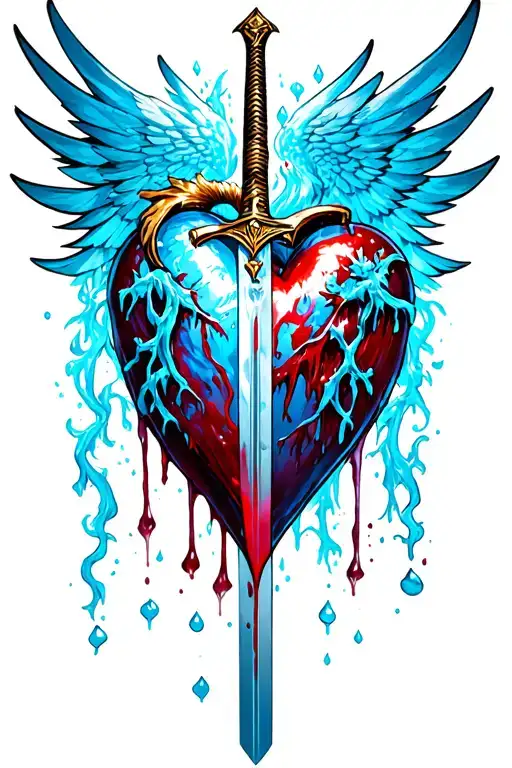 gold wing sword threw an ice blue heart dripping blood with vines tattoo design idea