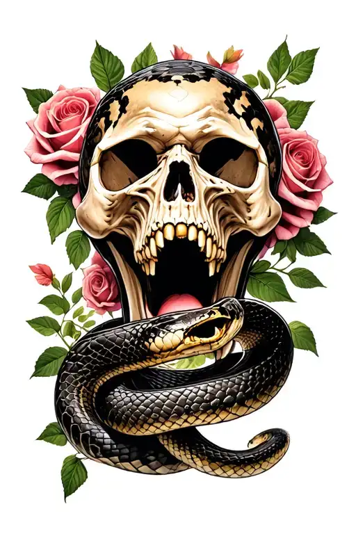 screaming skull, large python snake wraps the skull and comes out of mouth, background leaves and flowers of roses.  tattoo design idea