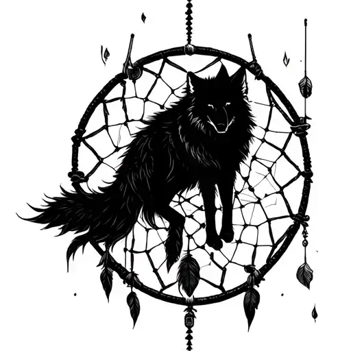 A gothic dream catcher with a wolf silhouette intertwined in the design tattoo design idea