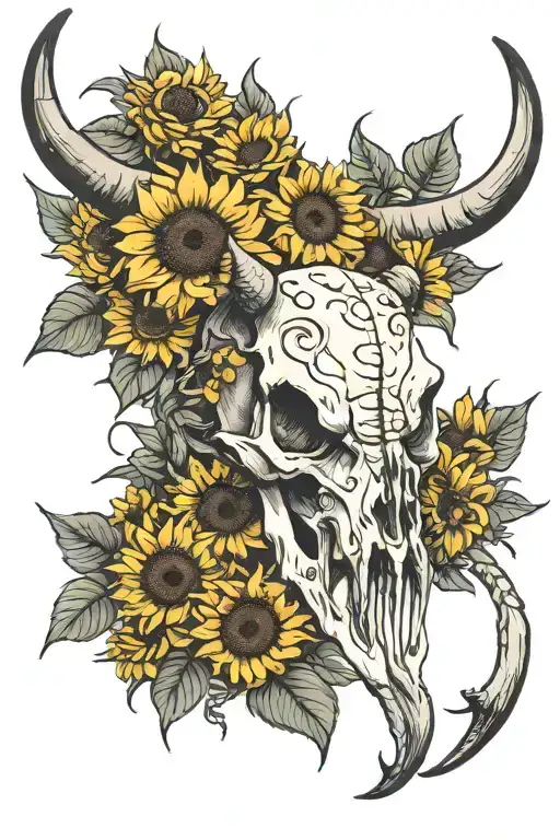 Sunflowers and Longhorn skull  tattoo design idea