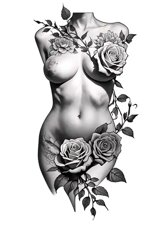 long roses coming out from the lower abdomen to the chest, with rose branches surrounding the torso, the flowers surroun tattoo design idea