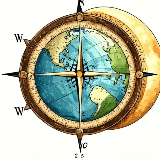 flat earth map. inside of a compass surrounded. with a half moon tattoo design idea