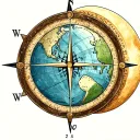 flat earth map. inside of a compass surrounded. with a half moon tattoo design idea