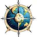 flat earth map. inside of a compass surrounded. with a half moon tattoo design idea
