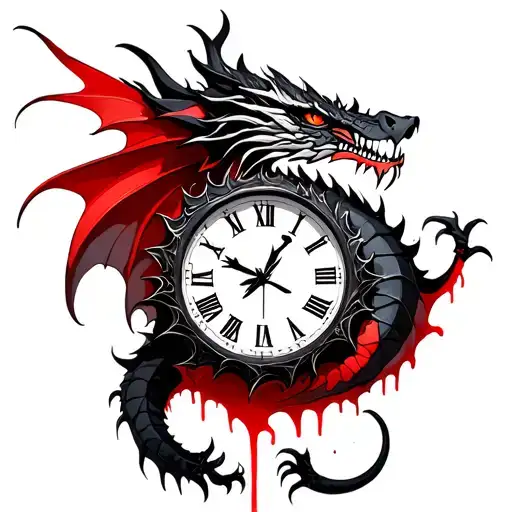 Black and red dragon with clock melting tattoo design idea