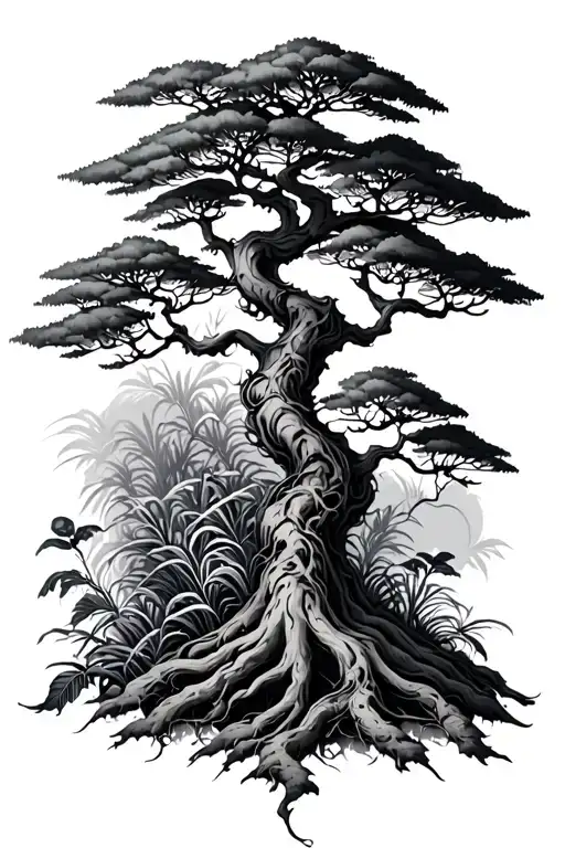 A tattoo design of a bonzai tree intertwined with plants and neon accents tattoo design idea