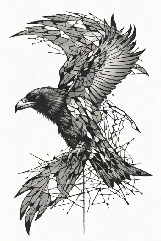 Shattered glass and a crow flying tattoo design idea