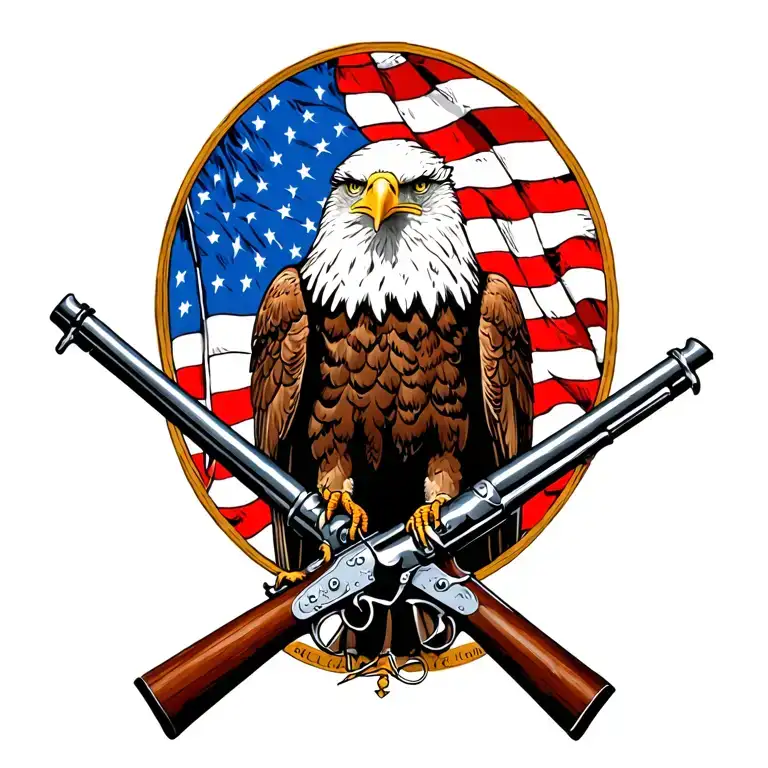 Bald Eagle perched on 2 old muskets crossed like an X with an American flag waving in the background. tattoo design idea