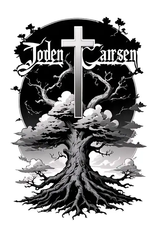 "Jorden Carsen " cross and clouds surrounding tree of knowledge tattoo design idea