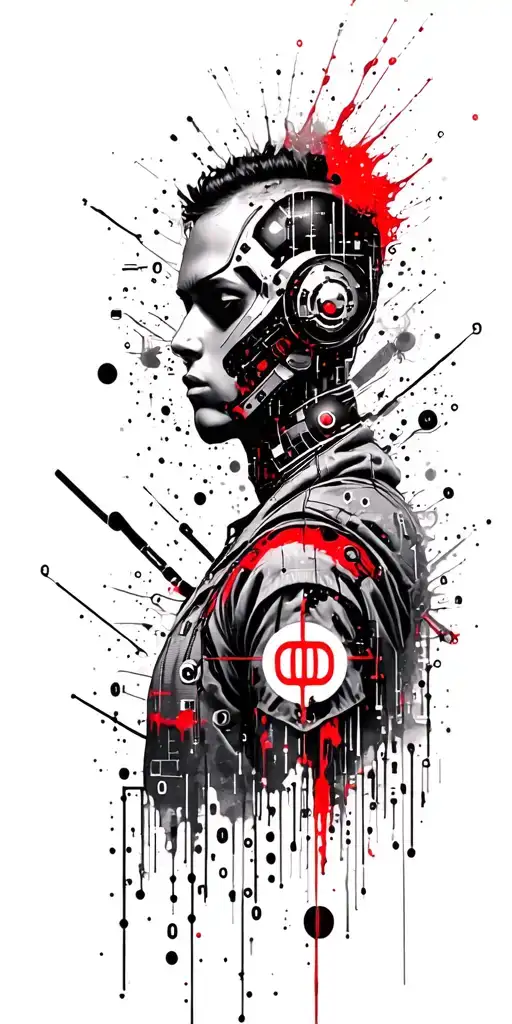Cyberpunk-inspired tattoo featuring a hacker silhouette surrounded by binary code symbol combined tattoo design idea