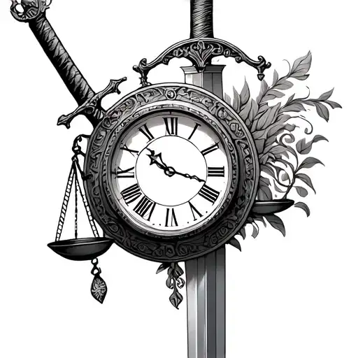Mens Libra scale with sword and roman numeral clock tattoo design idea