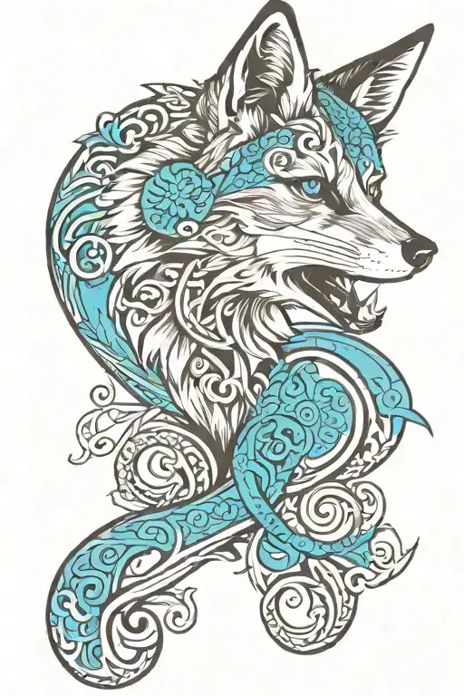 A smiling fox with a cyan celtic tattoo scrolling along its face and body tattoo design idea