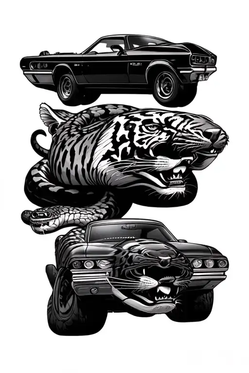 6 cars, tiger, anaconda, artificial intelligence tattoo design idea
